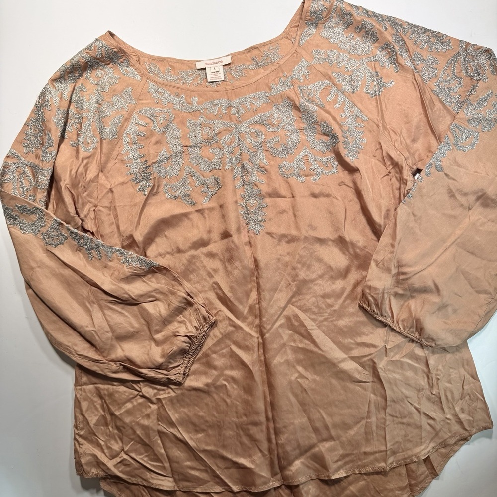 Sundance Women's Top 100% Silk L Long Sleeve Embroidery Brown Gray